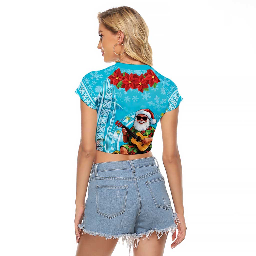 Hawaii Christmas Raglan Cropped T Shirt Mele Kalikimaka Poinsettia Lei Polynesian - Blue