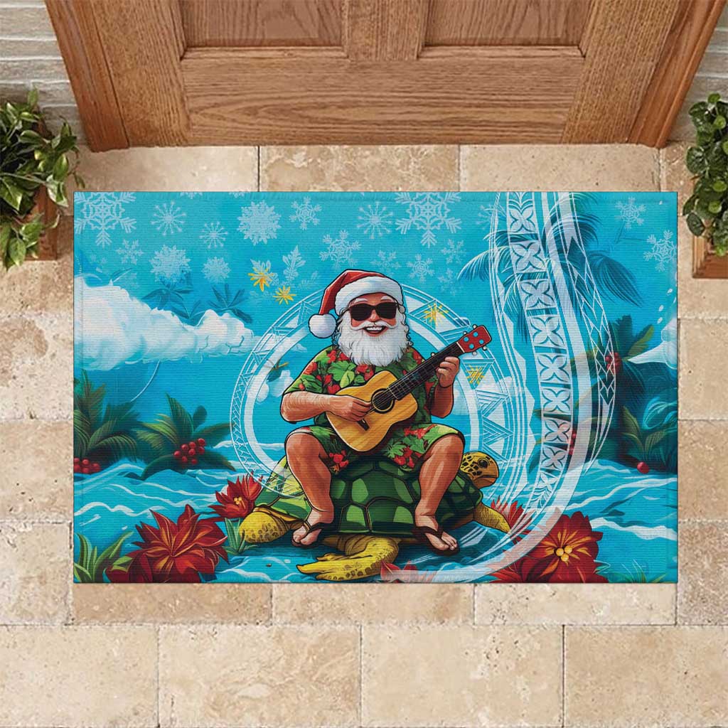 Hawaii Christmas Rubber Doormat Mele Kalikimaka Poinsettia Lei Polynesian - Blue