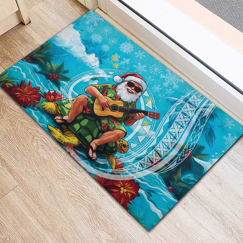 Hawaii Christmas Rubber Doormat Mele Kalikimaka Poinsettia Lei Polynesian - Blue LT14 - Polynesian Pride