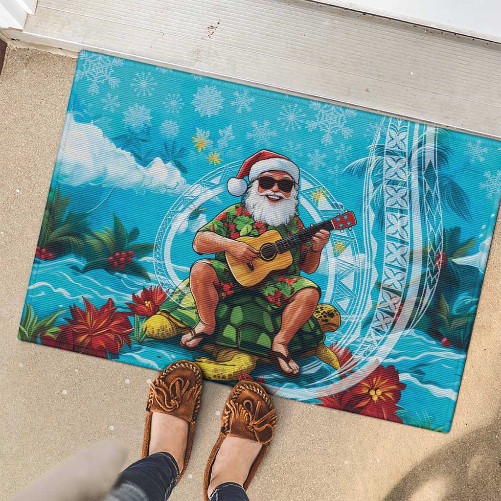 Hawaii Christmas Rubber Doormat Mele Kalikimaka Poinsettia Lei Polynesian - Blue LT14 - Polynesian Pride