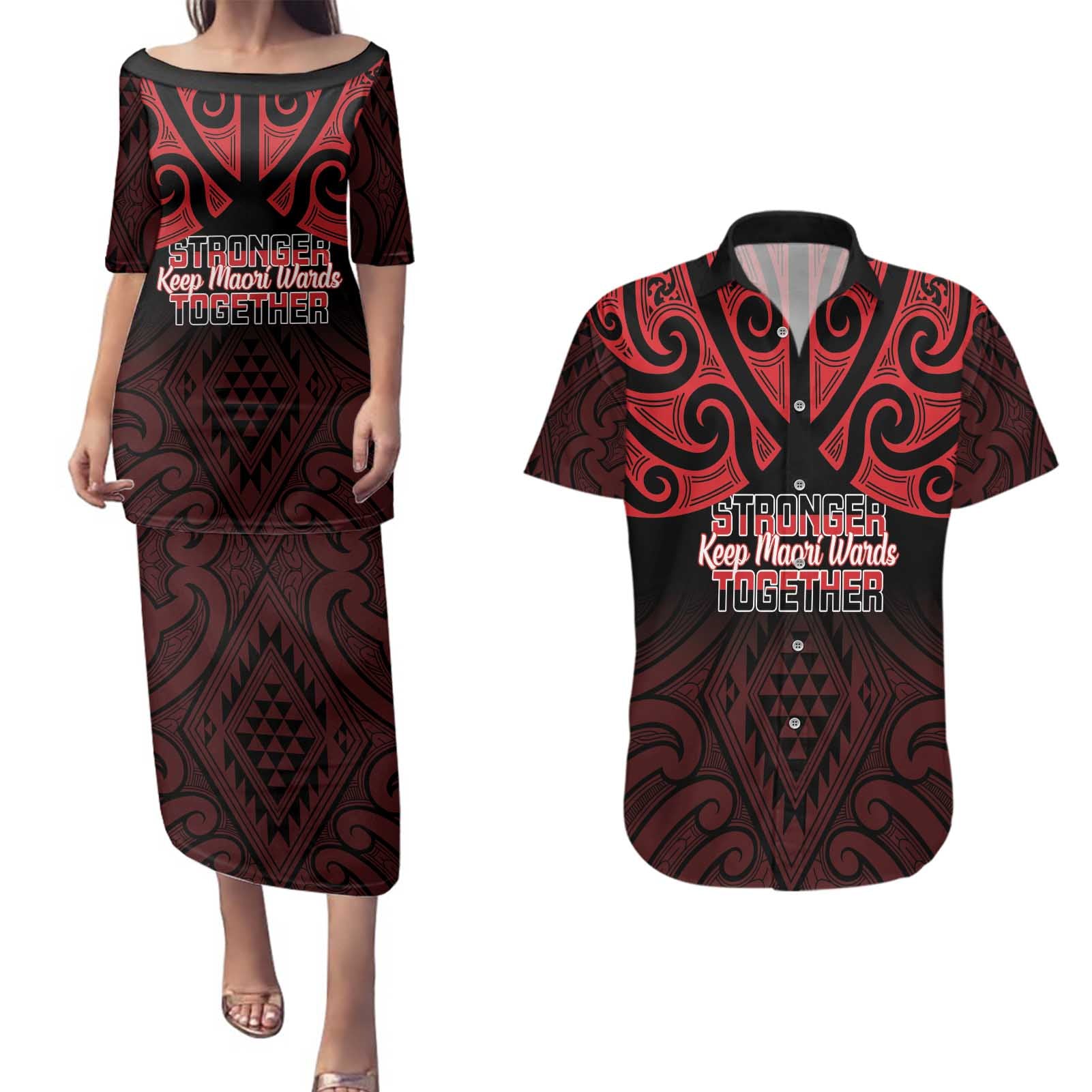 Personalised Keep Maori Wards New Zealand Couples Matching Puletasi and Hawaiian Shirt Stronger Together Aotearoa Taniko - Polynesian Pride