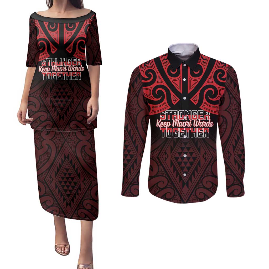 Personalised Keep Maori Wards New Zealand Couples Matching Puletasi and Long Sleeve Button Shirt Stronger Together Aotearoa Taniko - Polynesian Pride