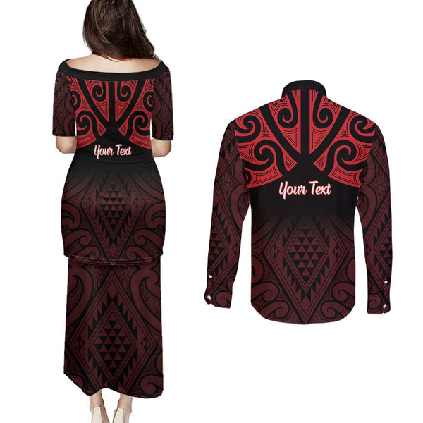 New Zealand Couples Matching Puletasi Dress and Long Sleeve Button Shirts Aotearoa Maori Kiwi Black Fern LT01 main image 1