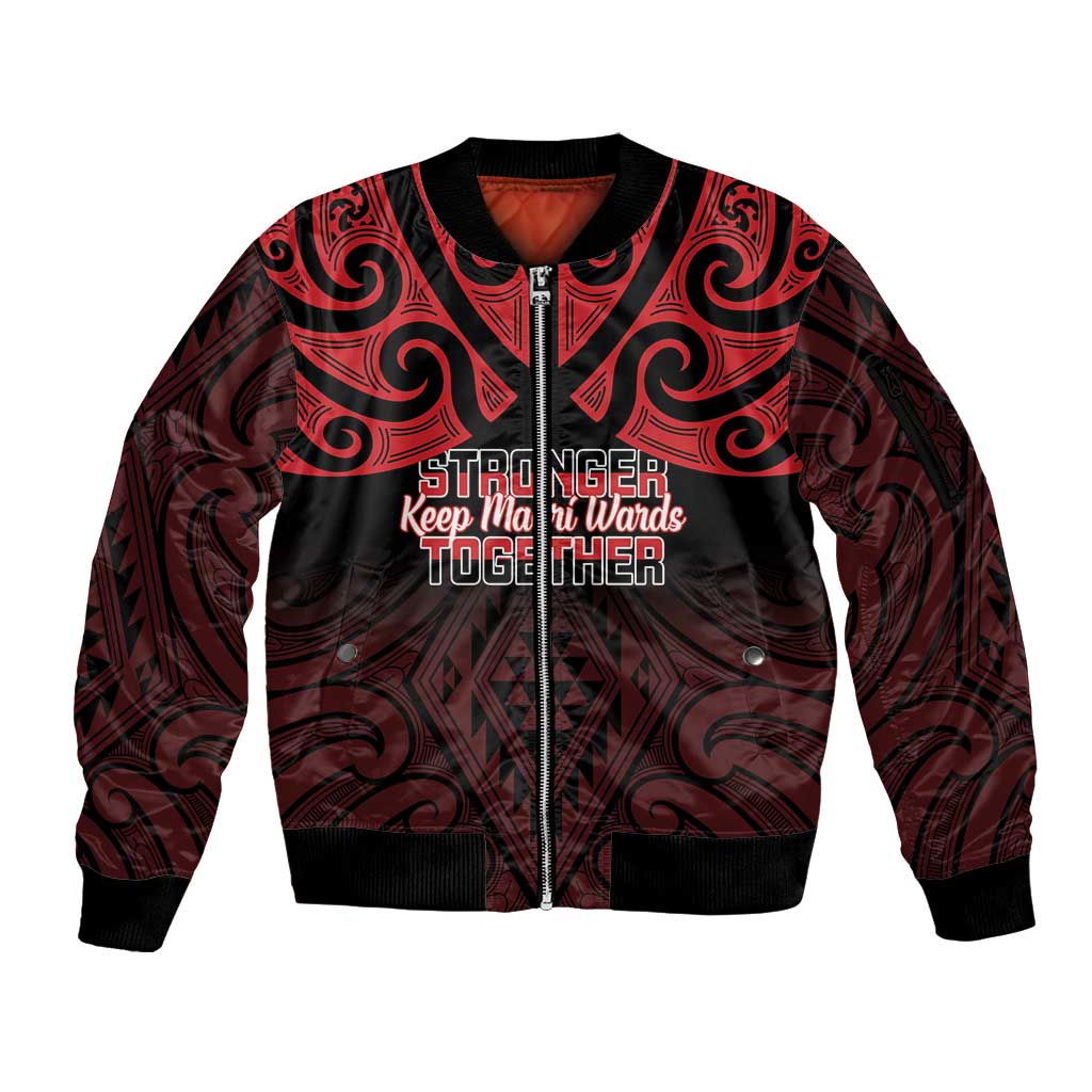 Personalised Keep Maori Wards New Zealand Sleeve Zip Bomber Jacket Stronger Together Aotearoa Taniko - Polynesian Pride