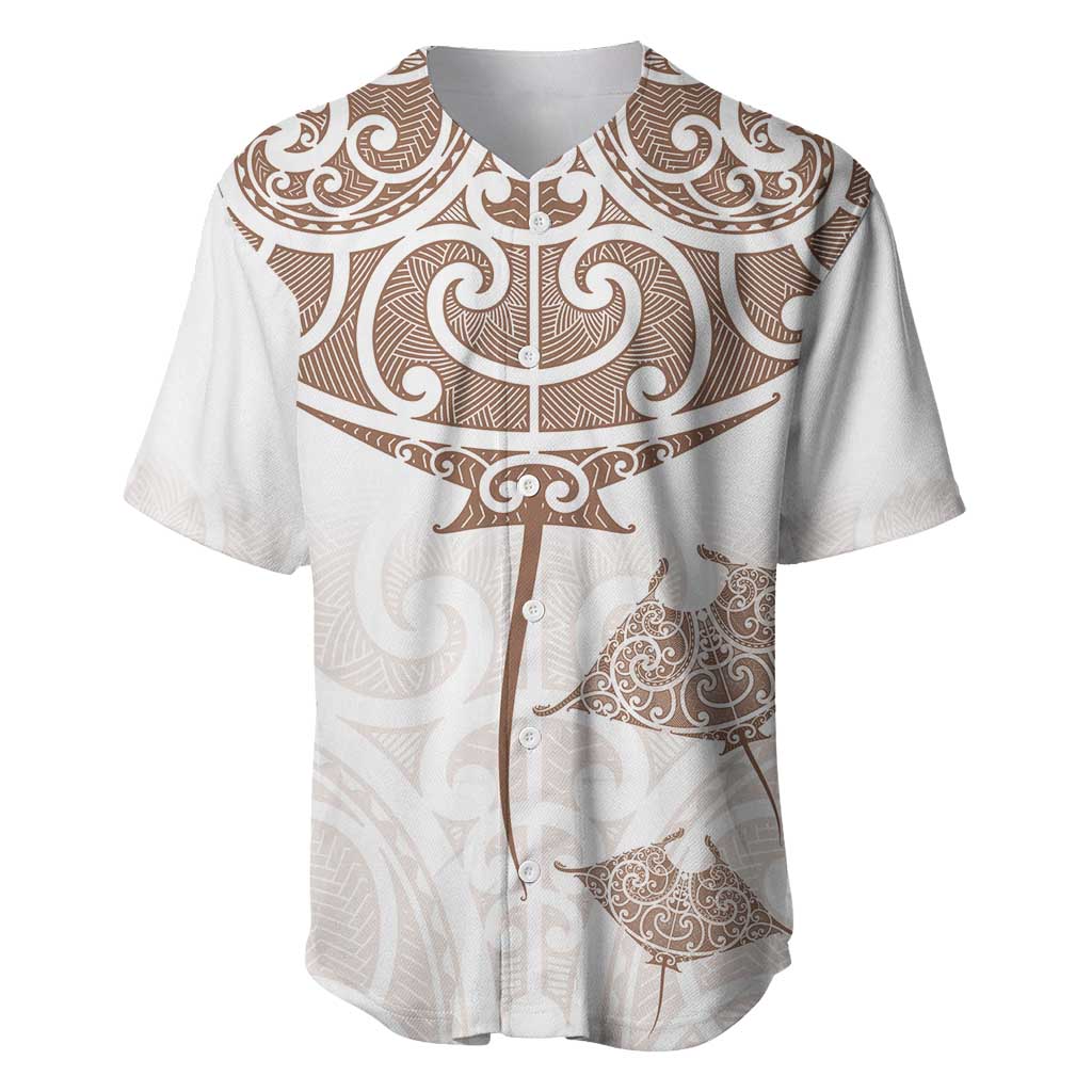 New Zealand Manta Ray Tattoo Baseball Jersey Aotearoa Maori Haehae Beige - Polynesian Pride