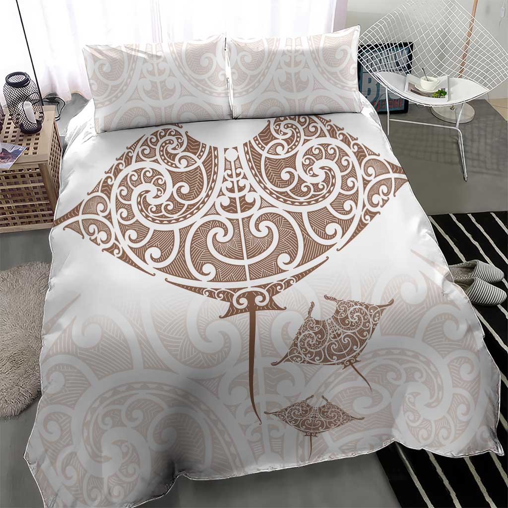 New Zealand Manta Ray Tattoo Bedding Set Aotearoa Maori Haehae Beige - Polynesian Pride
