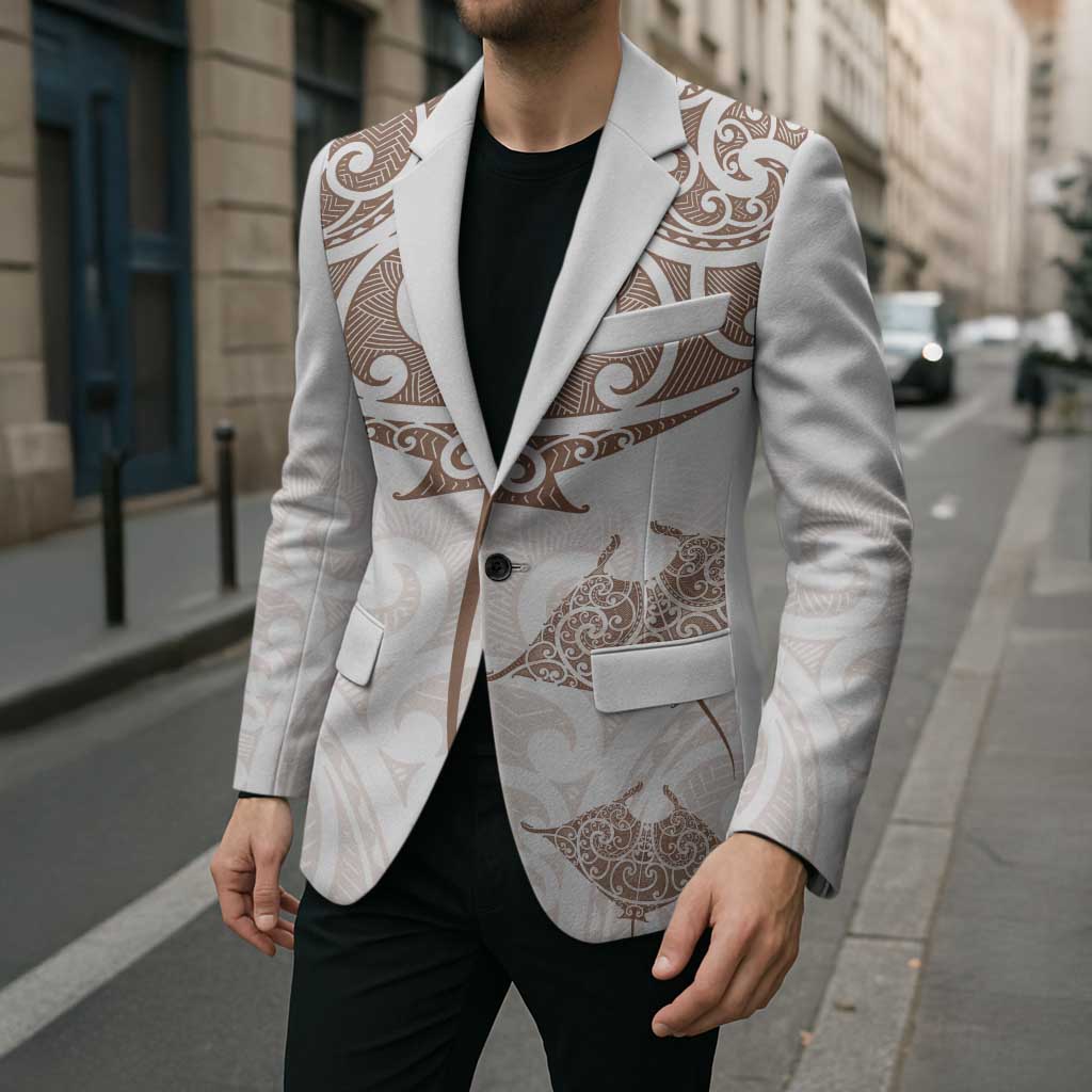 New Zealand Manta Ray Tattoo Blazer Aotearoa Maori Haehae Beige - Polynesian Pride