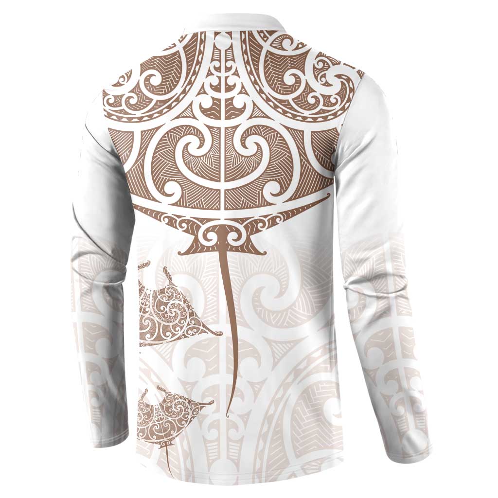 New Zealand Manta Ray Tattoo Button Sweatshirt Aotearoa Maori Haehae Beige - Polynesian Pride