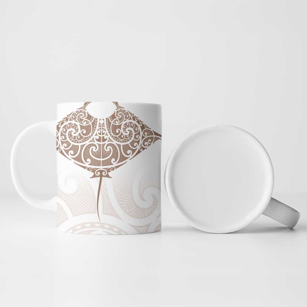 New Zealand Manta Ray Tattoo Ceramic Mug Aotearoa Maori Haehae Beige - Polynesian Pride