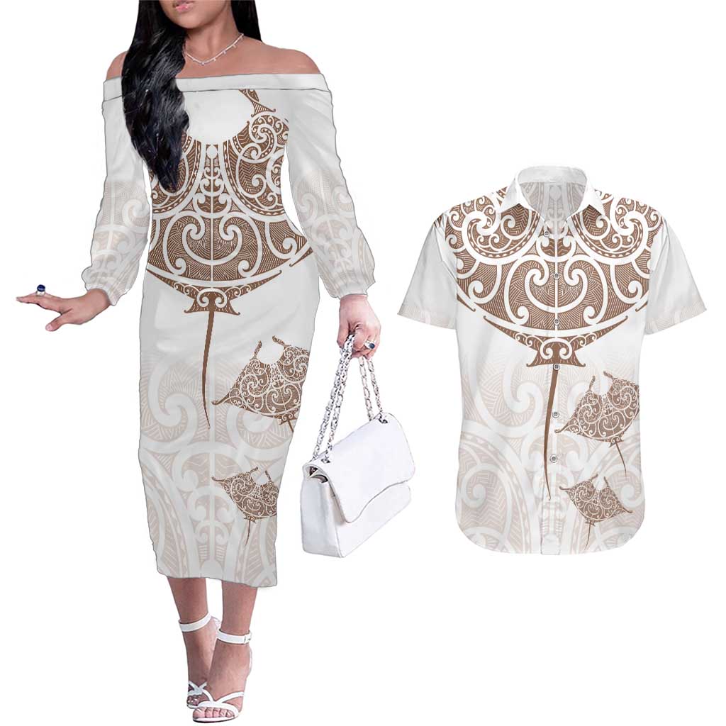 New Zealand Manta Ray Tattoo Couples Matching Off The Shoulder Long Sleeve Dress and Hawaiian Shirt Aotearoa Maori Haehae Beige - Polynesian Pride