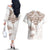 New Zealand Manta Ray Tattoo Couples Matching Off The Shoulder Long Sleeve Dress and Hawaiian Shirt Aotearoa Maori Haehae Beige - Polynesian Pride