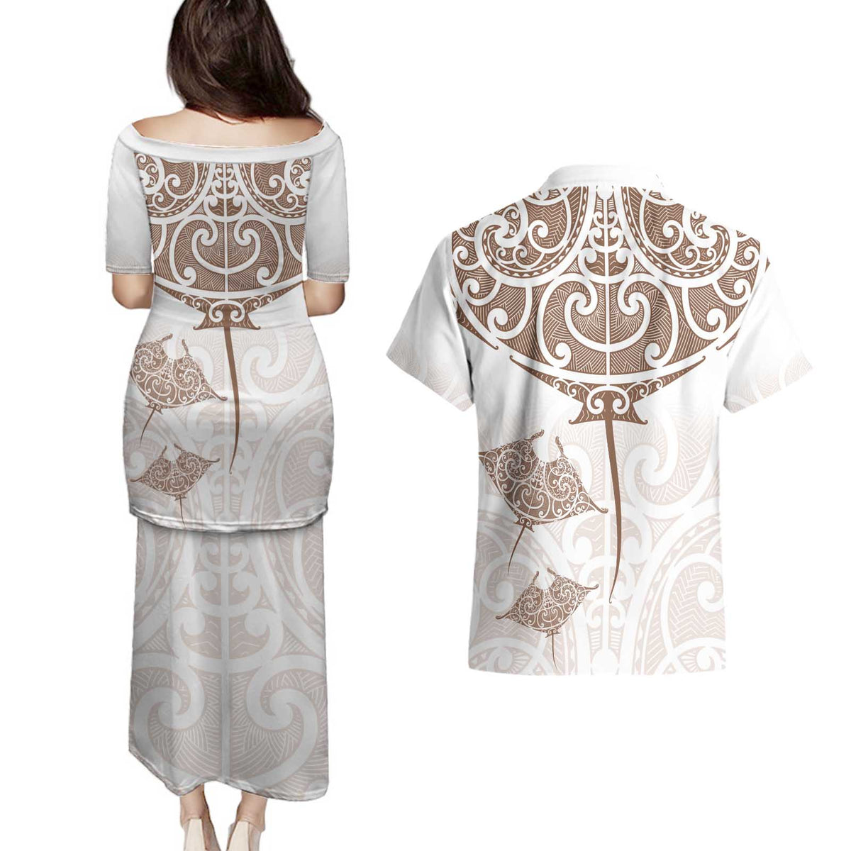 New Zealand Manta Ray Tattoo Couples Matching Puletasi and Hawaiian Shirt Aotearoa Maori Haehae Beige - Polynesian Pride