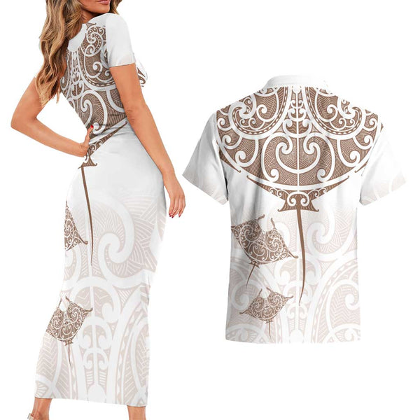 Personalised Aotearoa Couples Matching Short Sleeve Bodycon Dress and Long Sleeve Button Shirts Maori Kiwi Turquoise Fern LT01