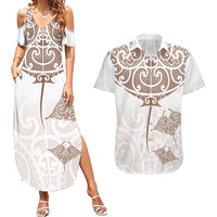 New Zealand Manta Ray Tattoo Couples Matching Summer Maxi Dress and Hawaiian Shirt Aotearoa Maori Haehae Beige - Polynesian Pride