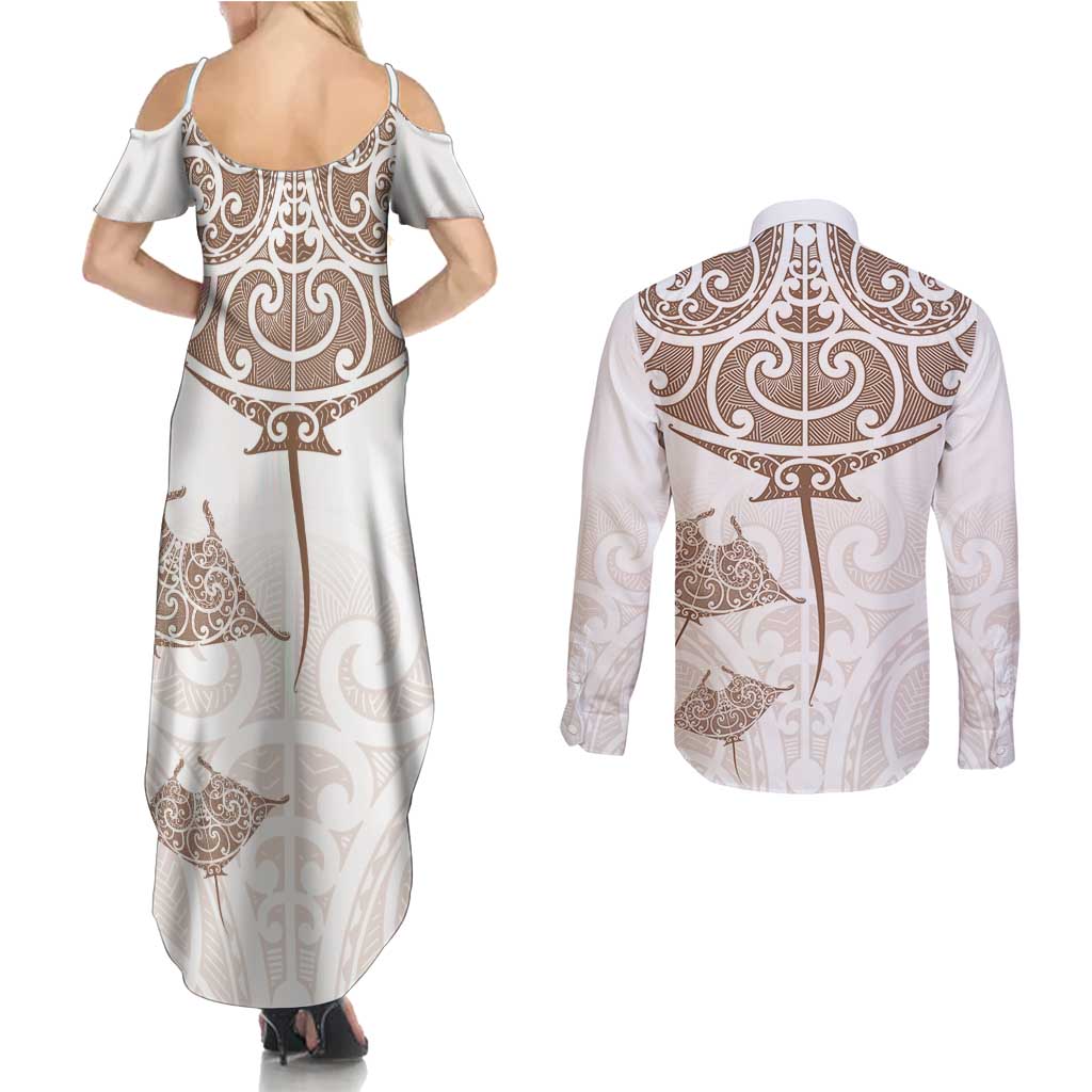 New Zealand Manta Ray Tattoo Couples Matching Summer Maxi Dress and Long Sleeve Button Shirt Aotearoa Maori Haehae Beige - Polynesian Pride