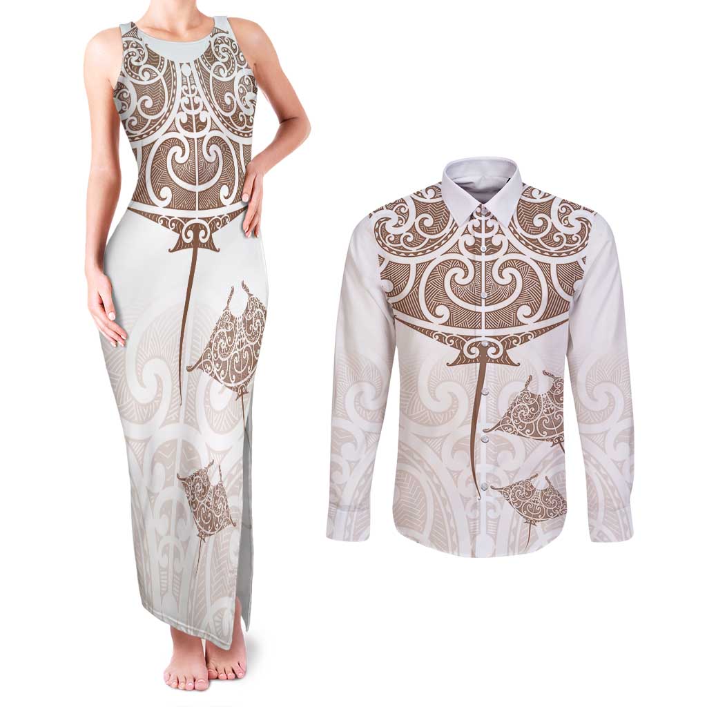 New Zealand Manta Ray Tattoo Couples Matching Tank Maxi Dress and Long Sleeve Button Shirt Aotearoa Maori Haehae Beige - Polynesian Pride