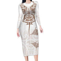 New Zealand Manta Ray Tattoo Family Matching Long Sleeve Bodycon Dress and Hawaiian Shirt Aotearoa Maori Haehae Beige - Polynesian Pride
