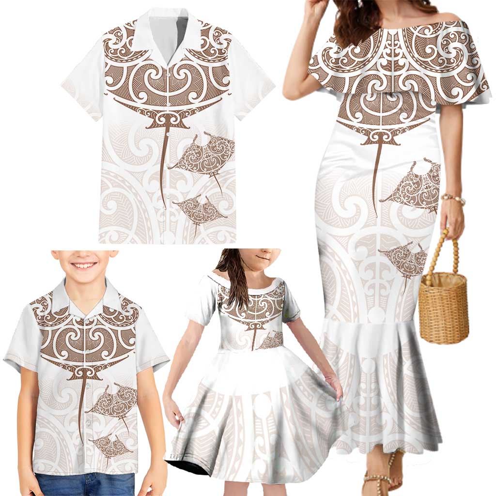 New Zealand Manta Ray Tattoo Family Matching Mermaid Dress and Hawaiian Shirt Aotearoa Maori Haehae Beige - Polynesian Pride