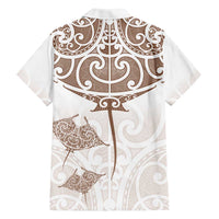 New Zealand Manta Ray Tattoo Family Matching Off The Shoulder Long Sleeve Dress and Hawaiian Shirt Aotearoa Maori Haehae Beige - Polynesian Pride