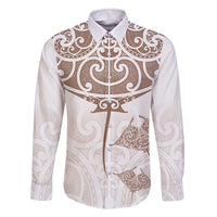 New Zealand Manta Ray Tattoo Family Matching Off The Shoulder Long Sleeve Dress and Hawaiian Shirt Aotearoa Maori Haehae Beige - Polynesian Pride