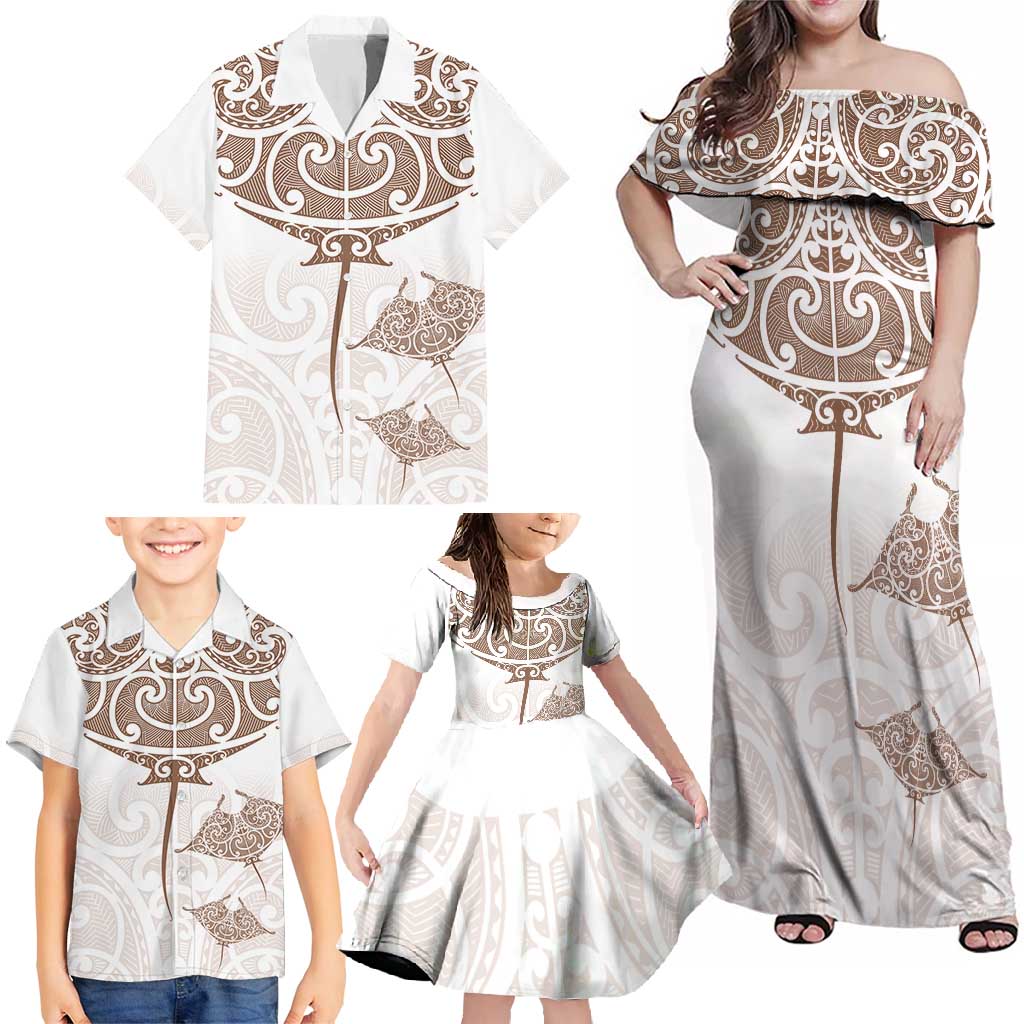 New Zealand Manta Ray Tattoo Family Matching Off Shoulder Maxi Dress and Hawaiian Shirt Aotearoa Maori Haehae Beige - Polynesian Pride