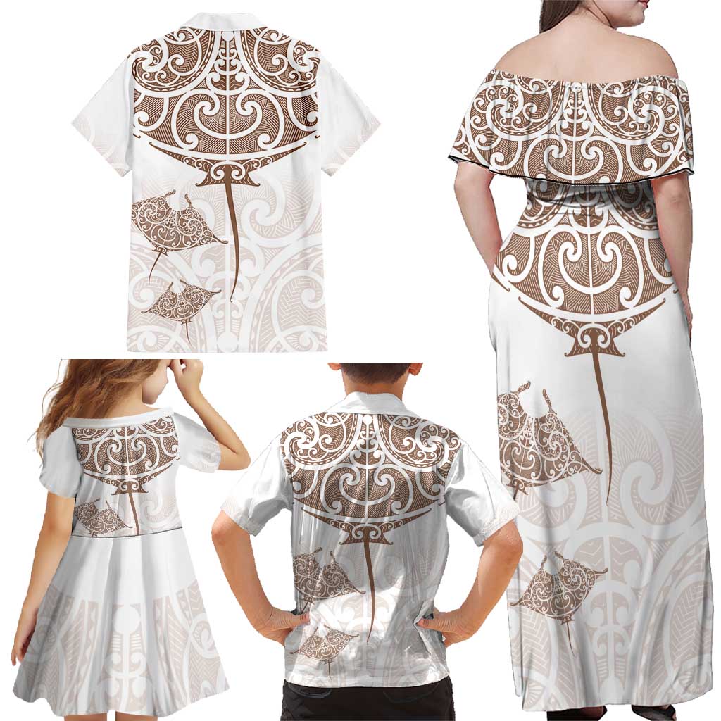 New Zealand Manta Ray Tattoo Family Matching Off Shoulder Maxi Dress and Hawaiian Shirt Aotearoa Maori Haehae Beige - Polynesian Pride