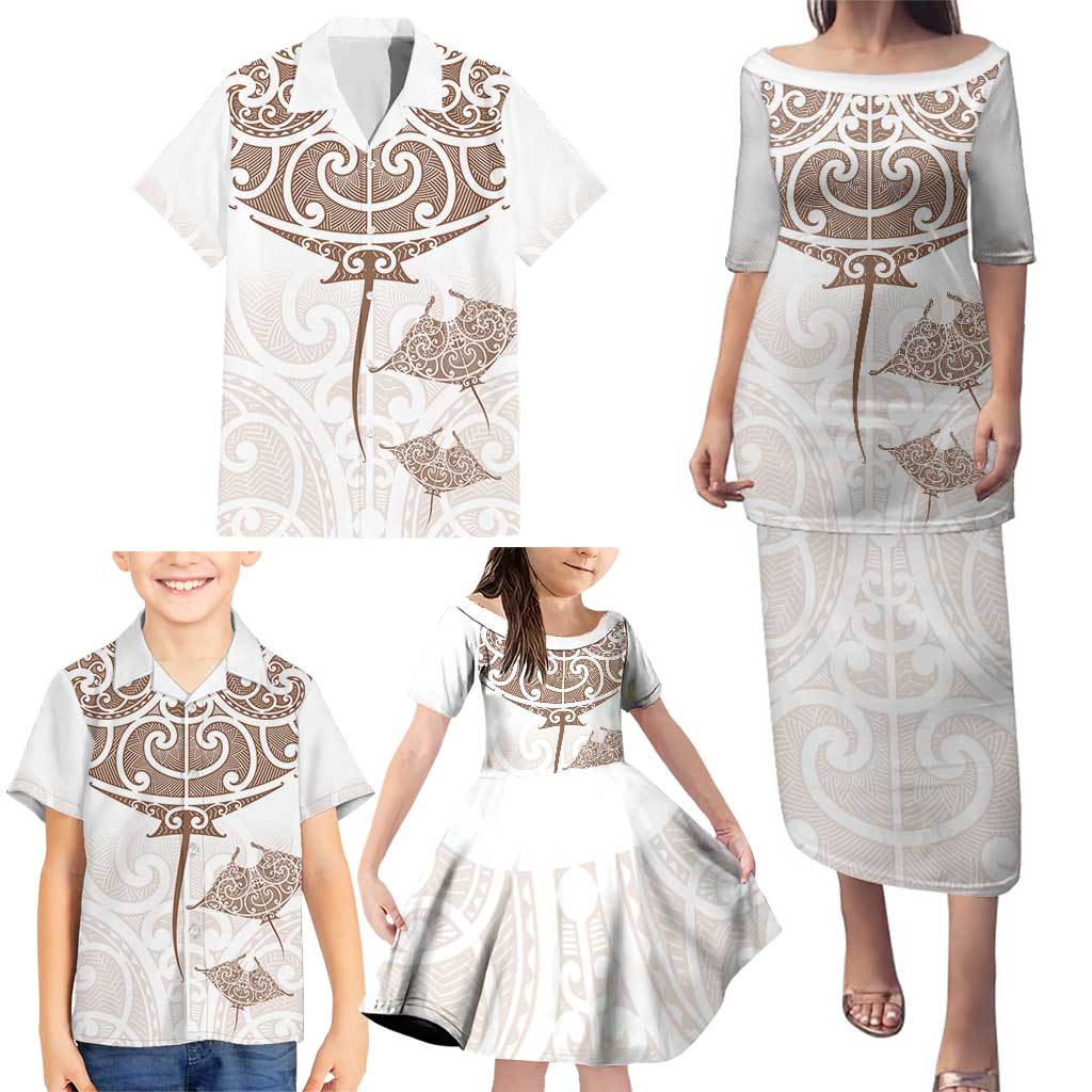 New Zealand Manta Ray Tattoo Family Matching Puletasi and Hawaiian Shirt Aotearoa Maori Haehae Beige - Polynesian Pride