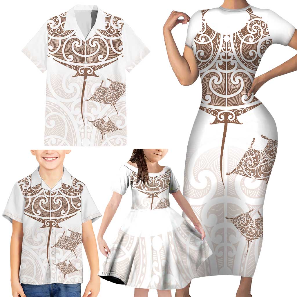 New Zealand Manta Ray Tattoo Family Matching Short Sleeve Bodycon Dress and Hawaiian Shirt Aotearoa Maori Haehae Beige - Polynesian Pride