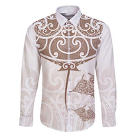 New Zealand Manta Ray Tattoo Family Matching Short Sleeve Bodycon Dress and Hawaiian Shirt Aotearoa Maori Haehae Beige - Polynesian Pride