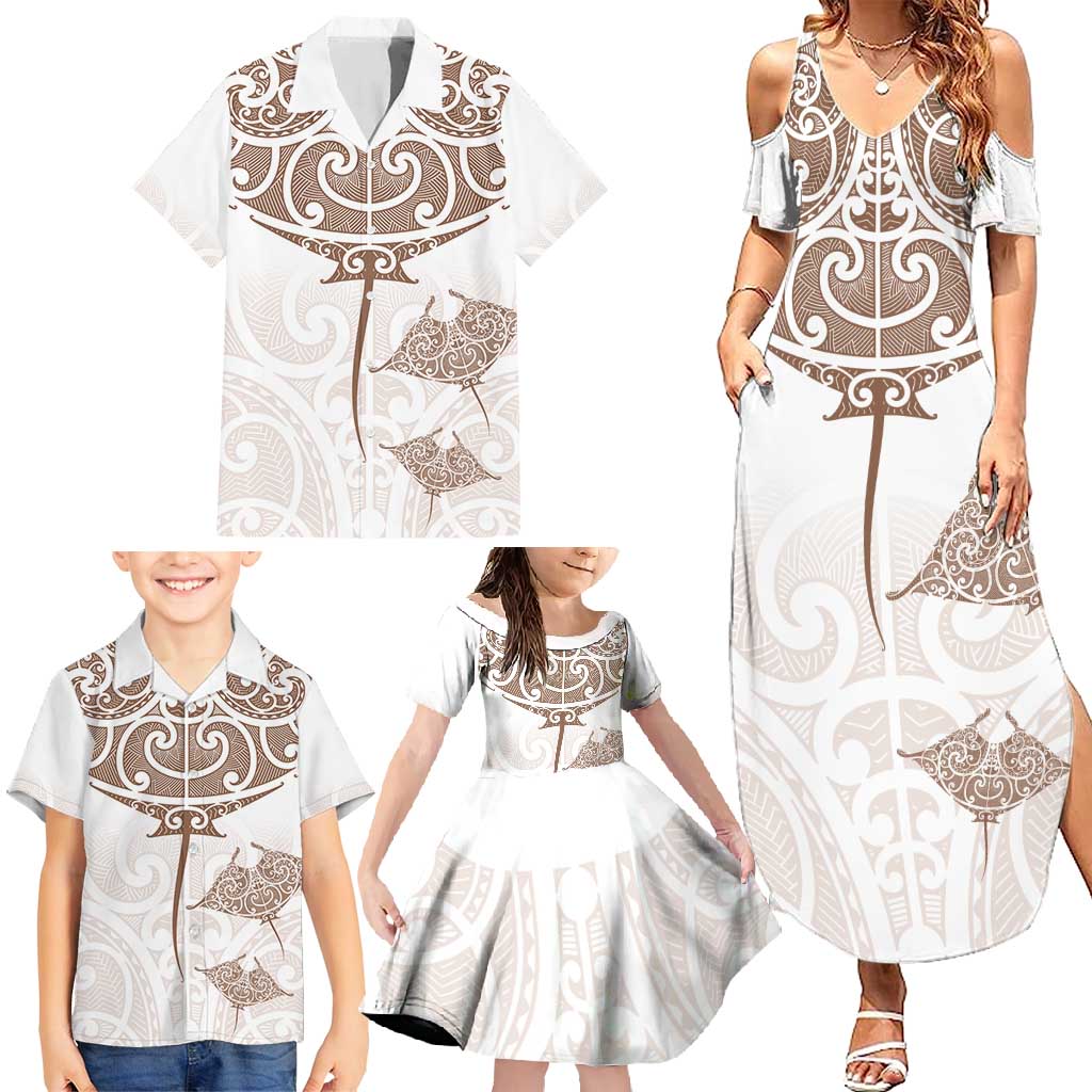 New Zealand Manta Ray Tattoo Family Matching Summer Maxi Dress and Hawaiian Shirt Aotearoa Maori Haehae Beige - Polynesian Pride