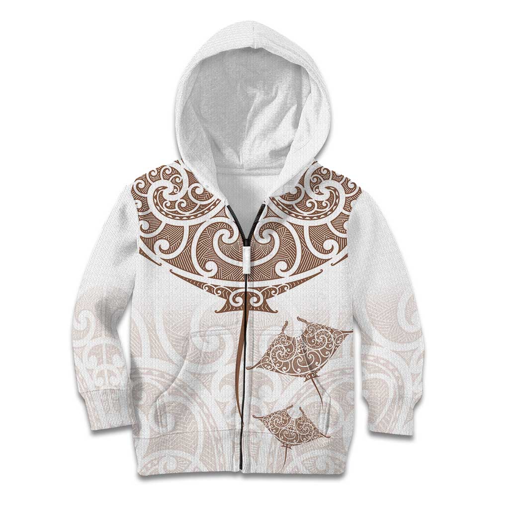 New Zealand Manta Ray Tattoo Kid Hoodie Aotearoa Maori Haehae Beige - Polynesian Pride