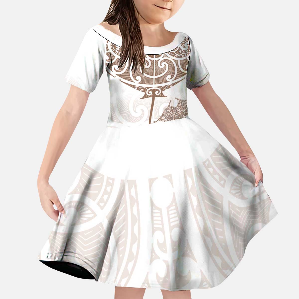 New Zealand Manta Ray Tattoo Kid Short Sleeve Dress Aotearoa Maori Haehae Beige - Polynesian Pride