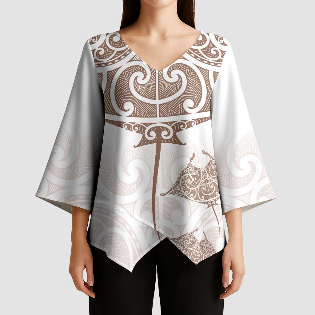 New Zealand Manta Ray Tattoo Kimono Sleeve Blouse Aotearoa Maori Haehae Beige - Polynesian Pride