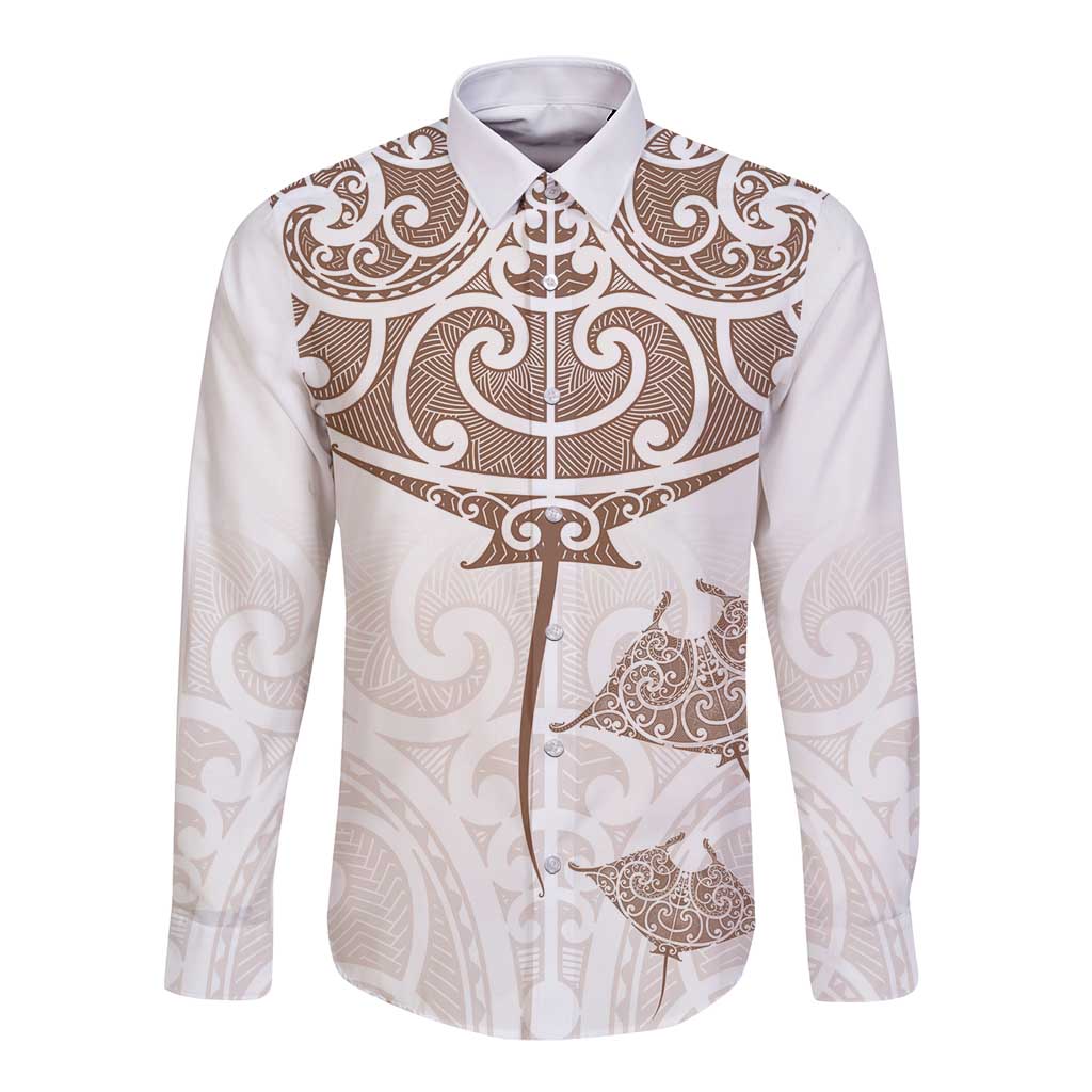 New Zealand Manta Ray Tattoo Long Sleeve Button Shirt Aotearoa Maori Haehae Beige - Polynesian Pride