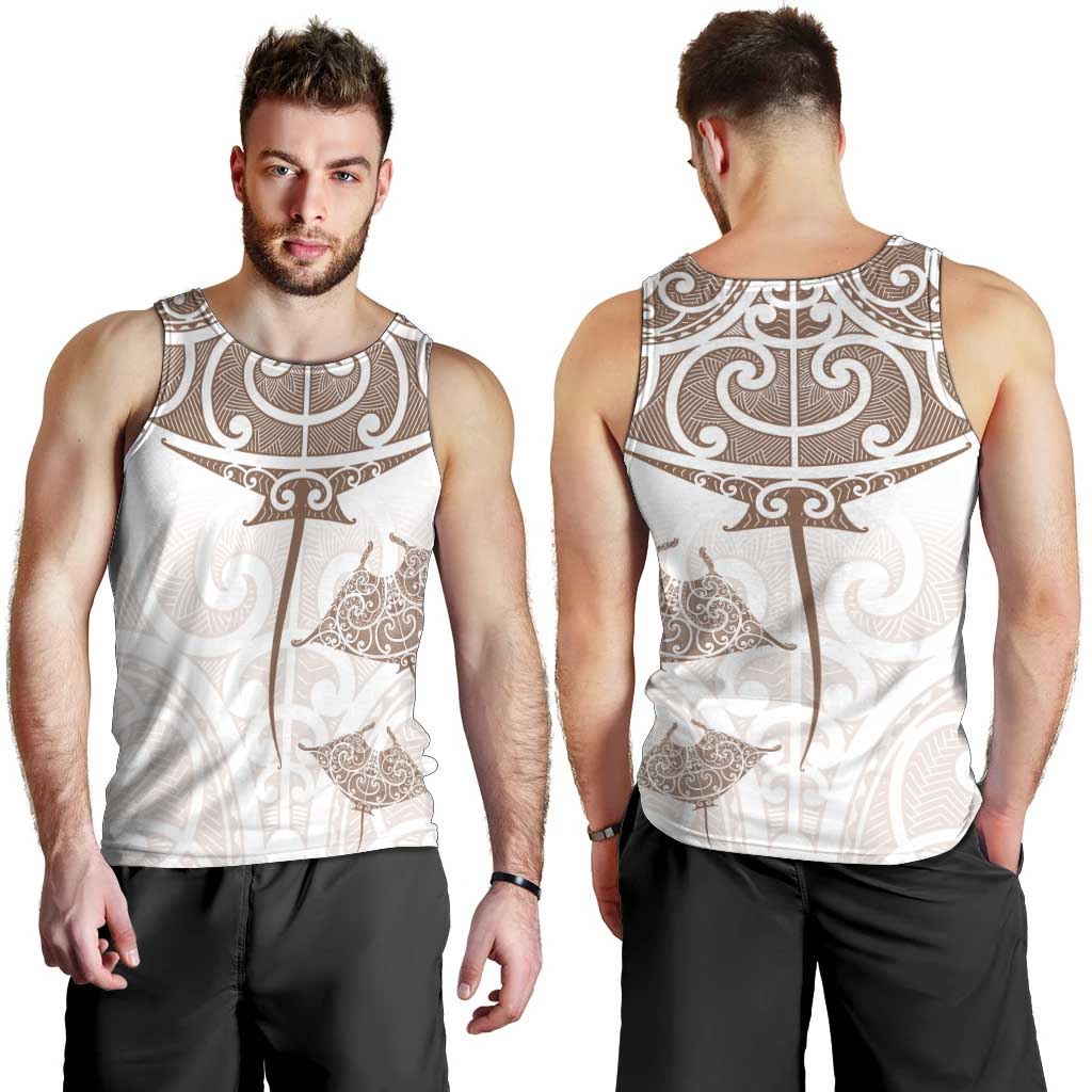 New Zealand Manta Ray Tattoo Men Tank Top Aotearoa Maori Haehae Beige - Polynesian Pride