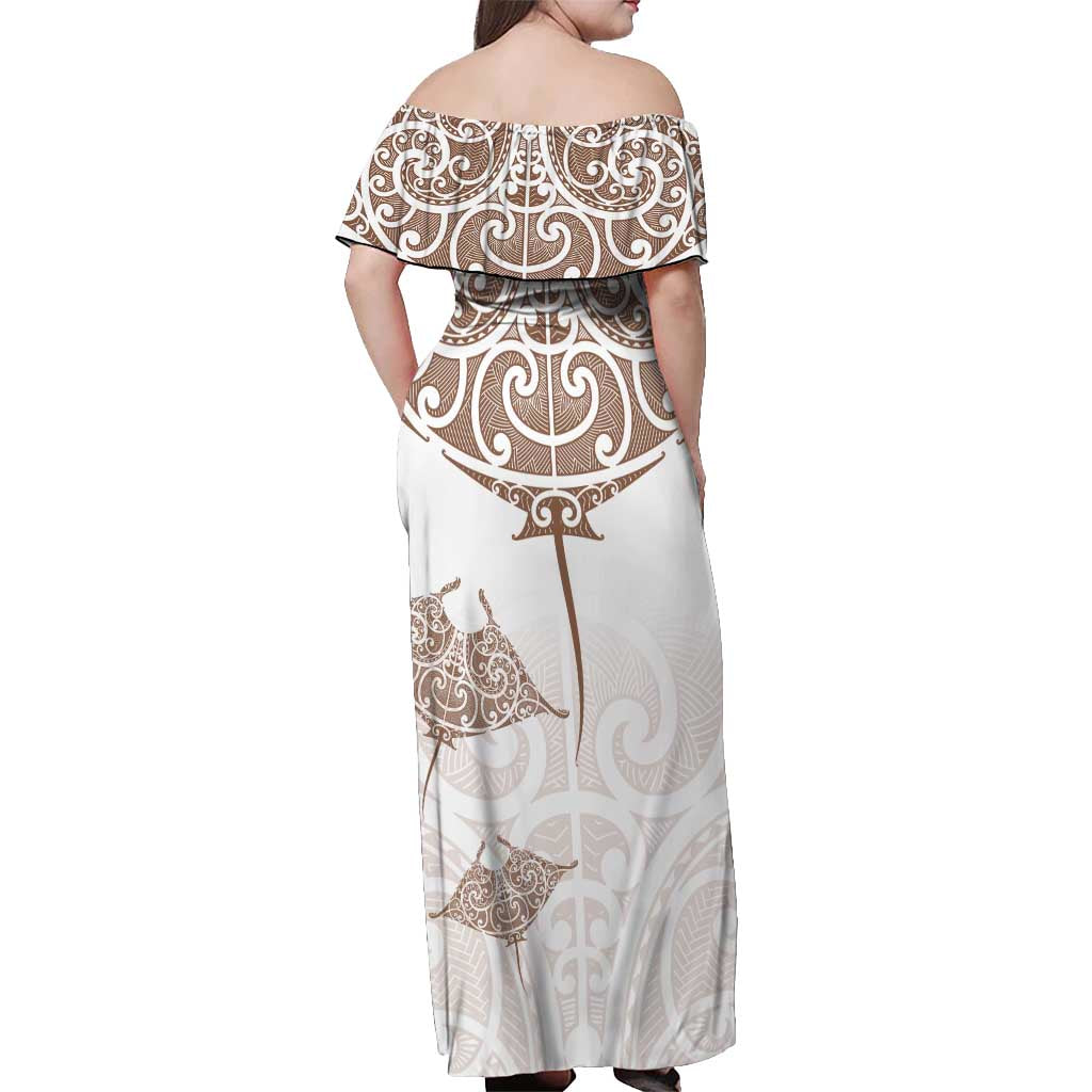 New Zealand Manta Ray Tattoo Off Shoulder Maxi Dress Aotearoa Maori Haehae Beige - Polynesian Pride