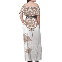 New Zealand Manta Ray Tattoo Off Shoulder Maxi Dress Aotearoa Maori Haehae Beige - Polynesian Pride