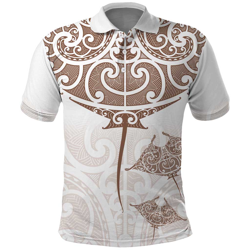 New Zealand Manta Ray Tattoo Polo Shirt Aotearoa Maori Haehae Beige - Polynesian Pride