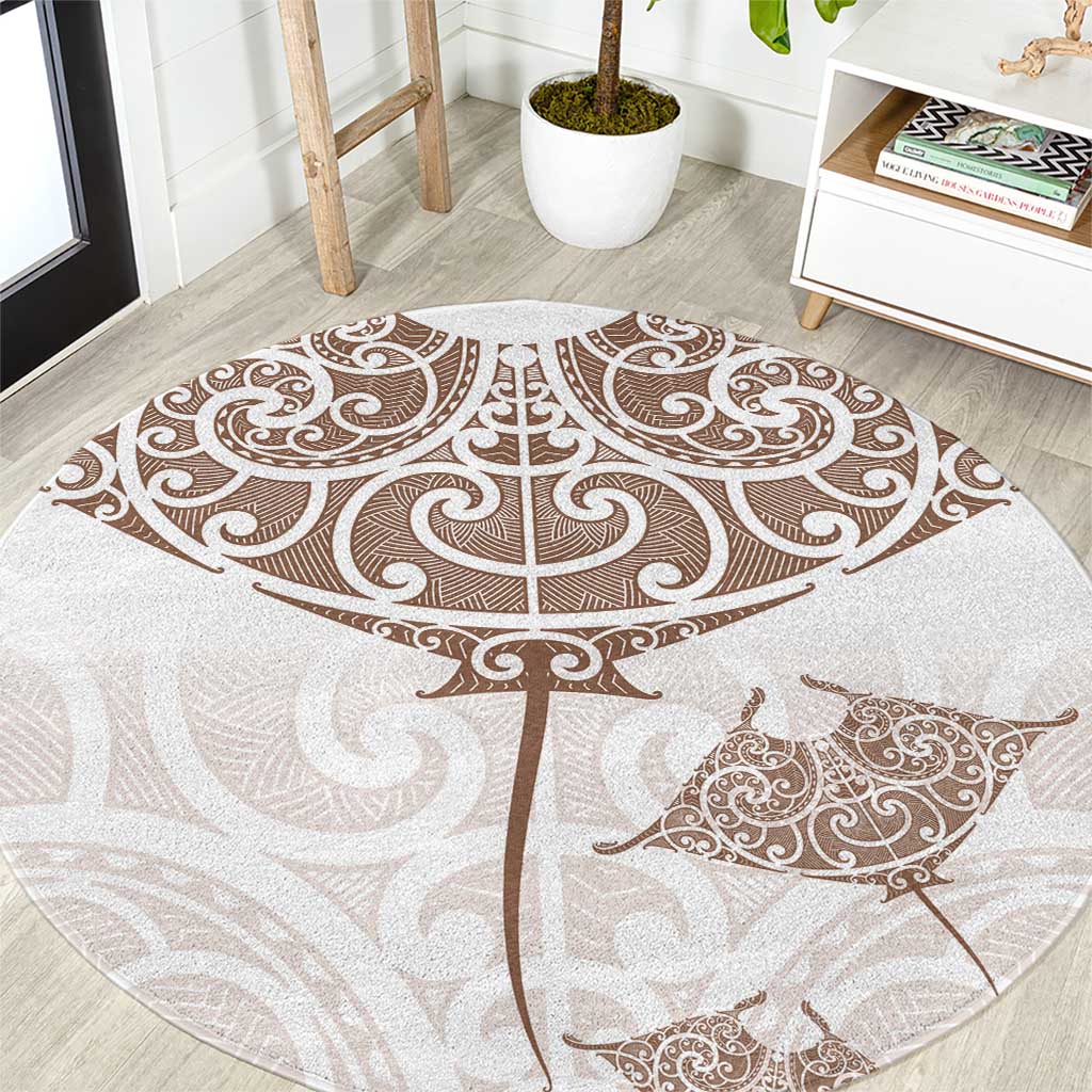 New Zealand Manta Ray Tattoo Round Carpet Aotearoa Maori Haehae Beige - Polynesian Pride