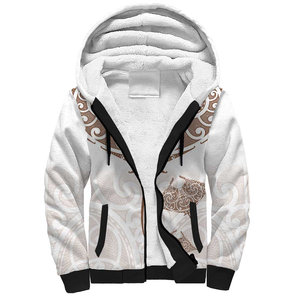 New Zealand Manta Ray Tattoo Sherpa Hoodie Aotearoa Maori Haehae Beige - Polynesian Pride