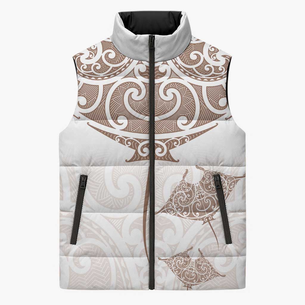 New Zealand Manta Ray Tattoo Sleeveless Puffer Jacket Aotearoa Maori Haehae Beige - Polynesian Pride