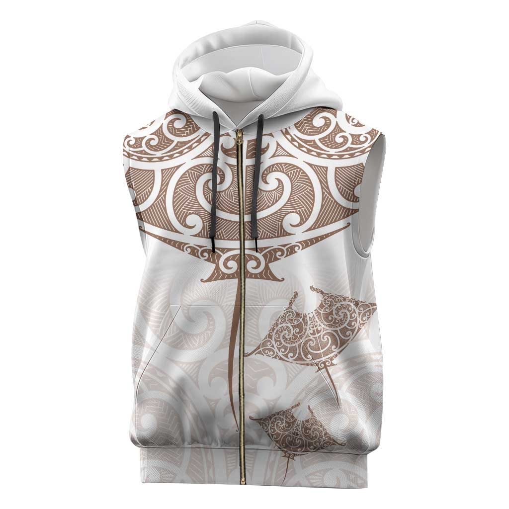 New Zealand Manta Ray Tattoo Sleeveless Zip Hoodie Aotearoa Maori Haehae Beige - Polynesian Pride