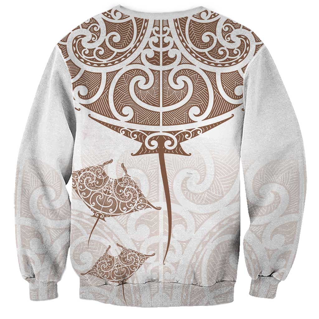 New Zealand Manta Ray Tattoo Sweatshirt Aotearoa Maori Haehae Beige - Polynesian Pride