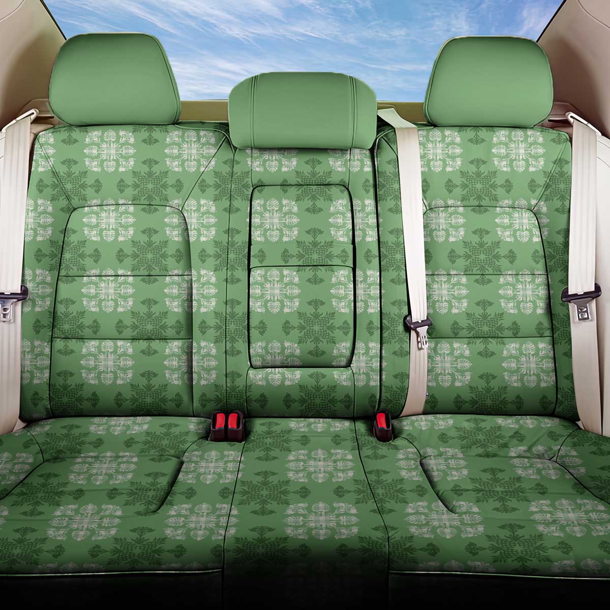 Green Hawaiian Quilt Back Car Seat Cover Hawaii Pineapple Monstera Palaka Motifs - Polynesian Pride
