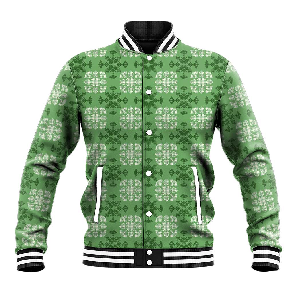 Green Hawaiian Quilt Baseball Jacket Hawaii Pineapple Monstera Palaka Motifs - Polynesian Pride