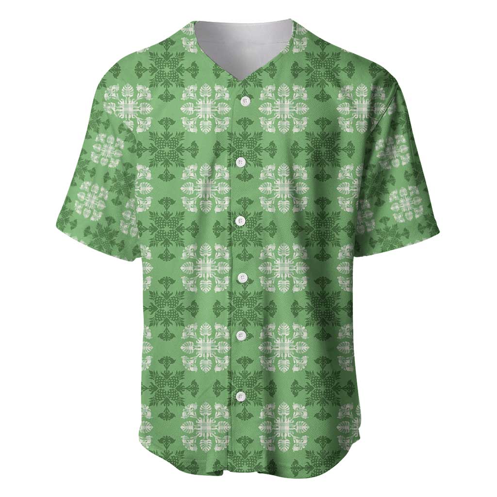 Green Hawaiian Quilt Baseball Jersey Hawaii Pineapple Monstera Palaka Motifs - Polynesian Pride