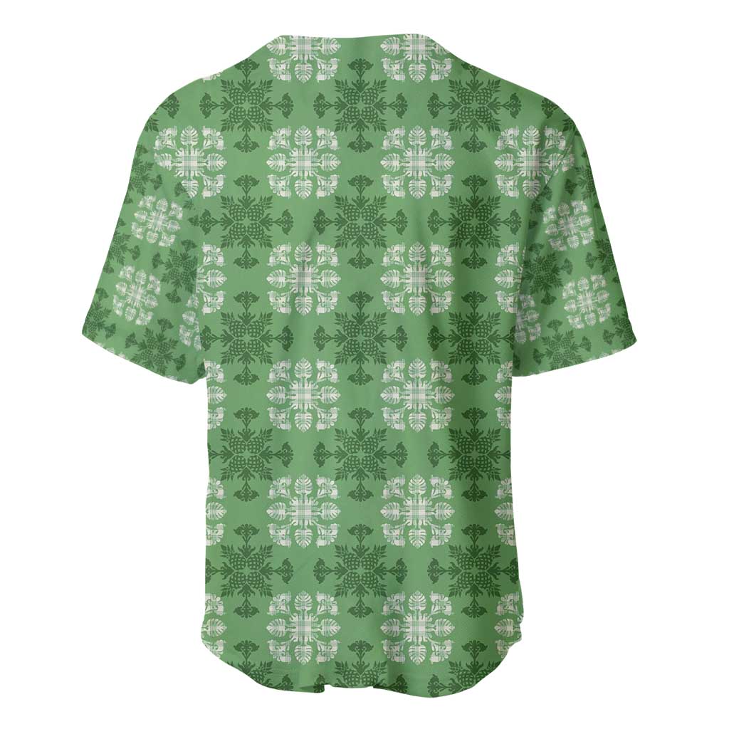 Green Hawaiian Quilt Baseball Jersey Hawaii Pineapple Monstera Palaka Motifs - Polynesian Pride