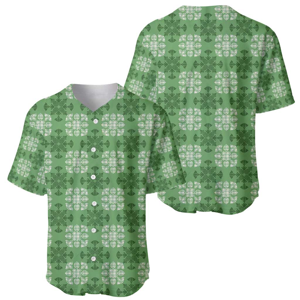 Green Hawaiian Quilt Baseball Jersey Hawaii Pineapple Monstera Palaka Motifs - Polynesian Pride