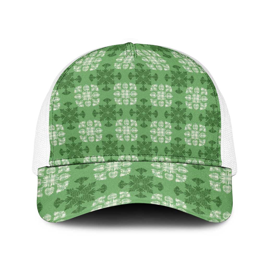 Green Hawaiian Quilt Baseball Net Cap Hawaii Pineapple Monstera Palaka Motifs - Polynesian Pride