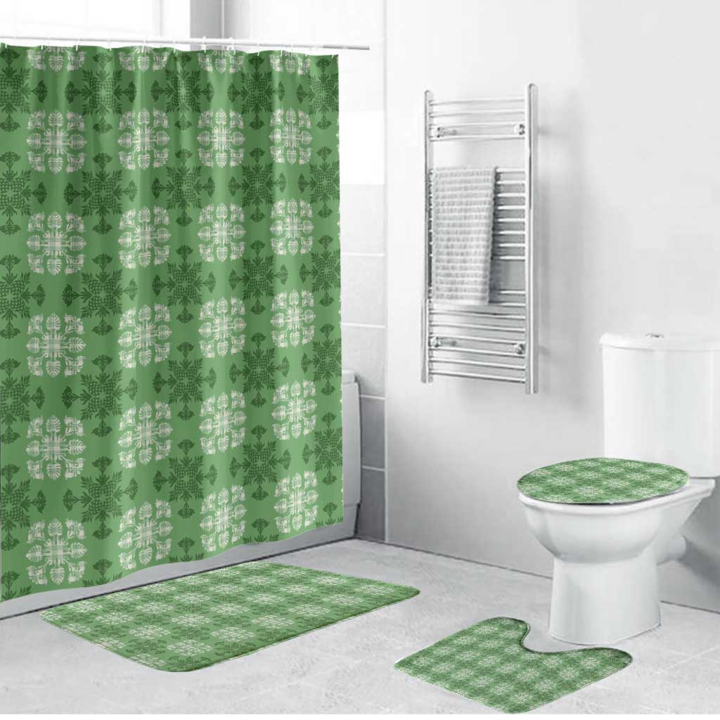 Green Hawaiian Quilt Bathroom Set Hawaii Pineapple Monstera Palaka Motifs - Polynesian Pride